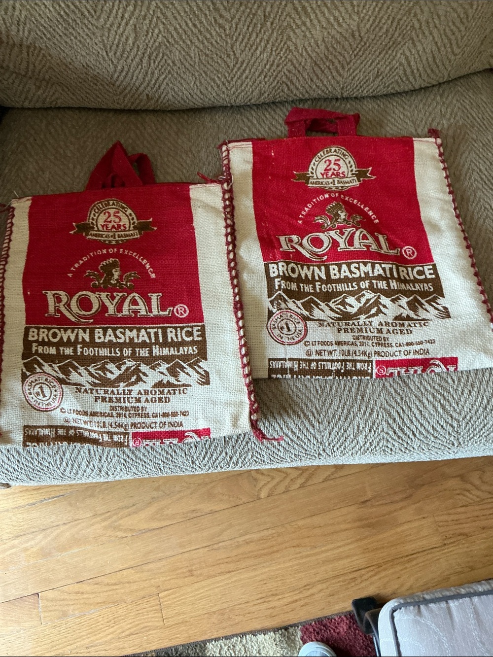 Two Royal Brown Basmati Burlap  Rice Tote Bags - Red and Cream
